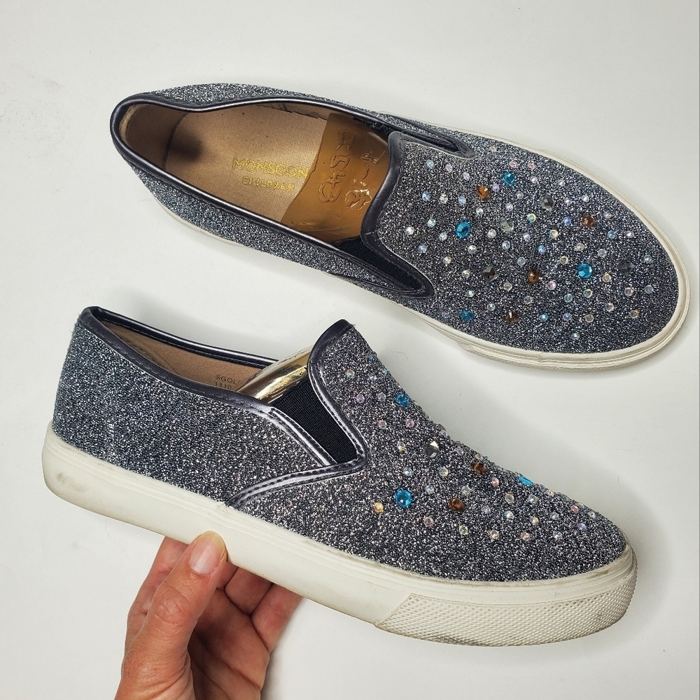 Monsoon Silver Slide On Flats Bedazzled